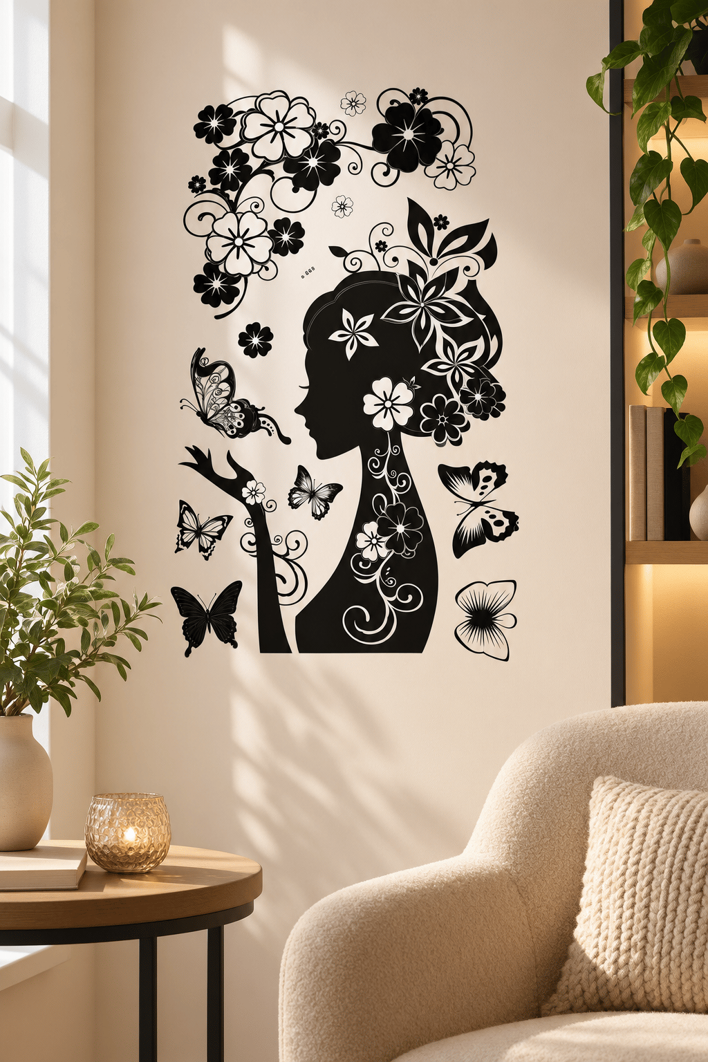 3D Simli Güzel kadın Kelebekli Çiçekli Duvar Stickerı 32x50 Duvar Dekarasyonu
