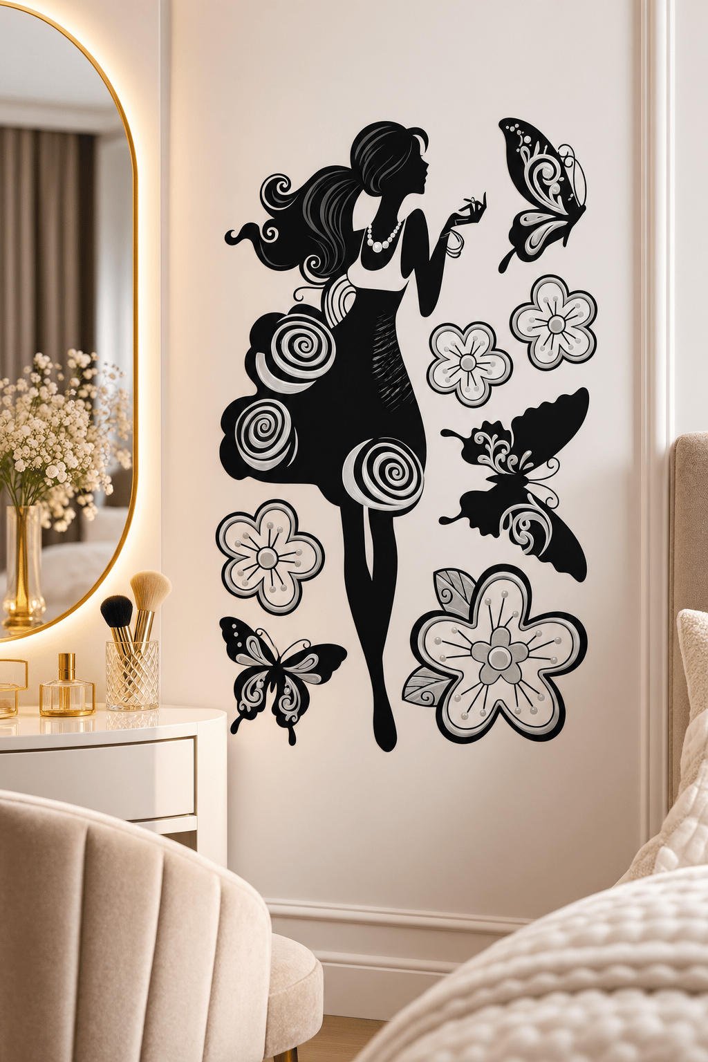 3D Simli Kızlı Kelebekli Duvar Stickerı 32x50 Duvar Dekarasyonu