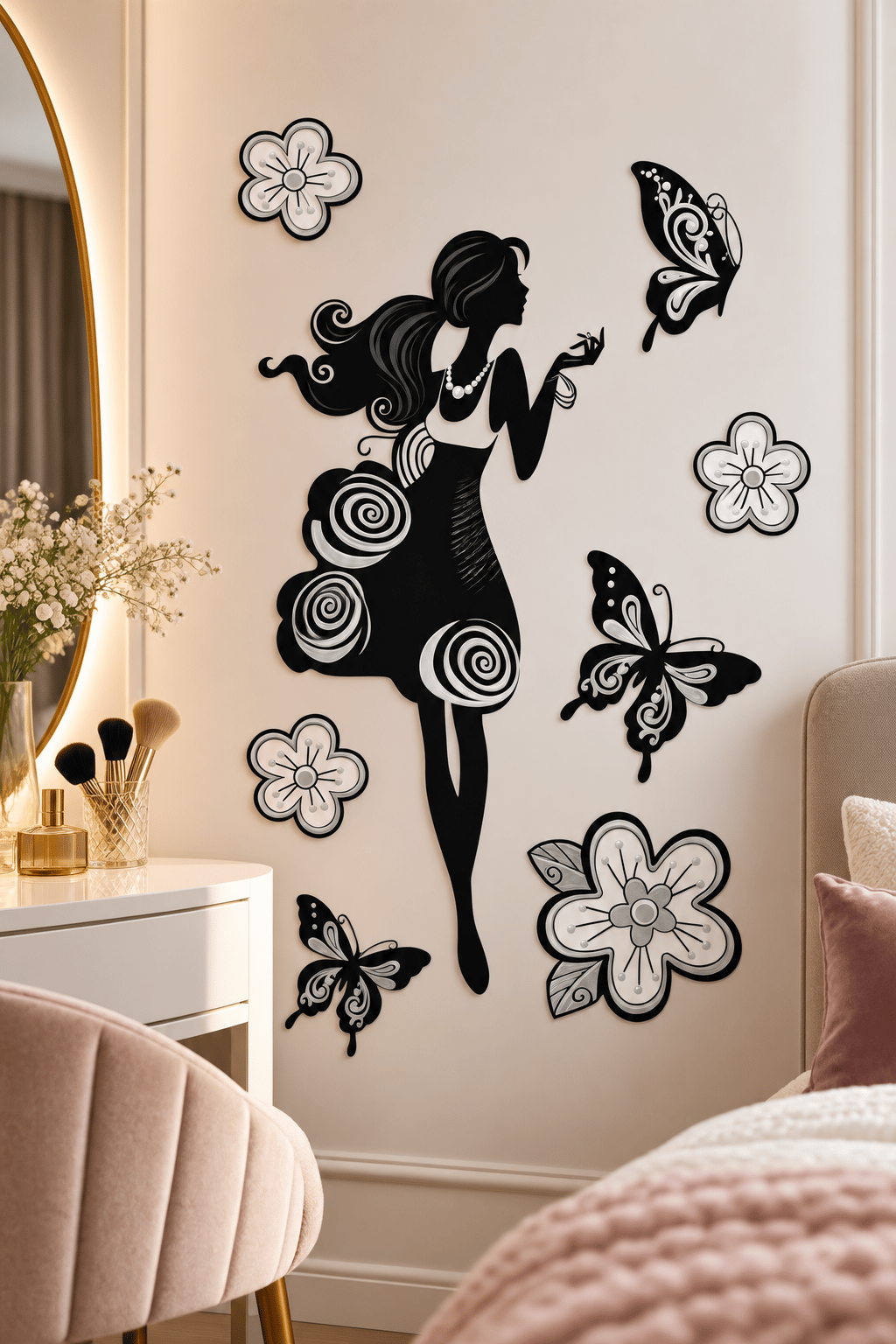 3D Simli Kızlı Kelebekli Duvar Stickerı 32x50 Duvar Dekarasyonu