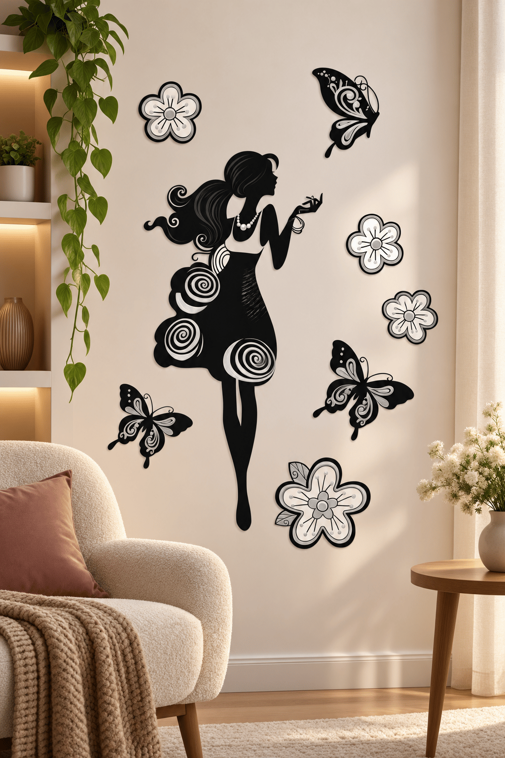 3D Simli Kızlı Kelebekli Duvar Stickerı 32x50 Duvar Dekarasyonu