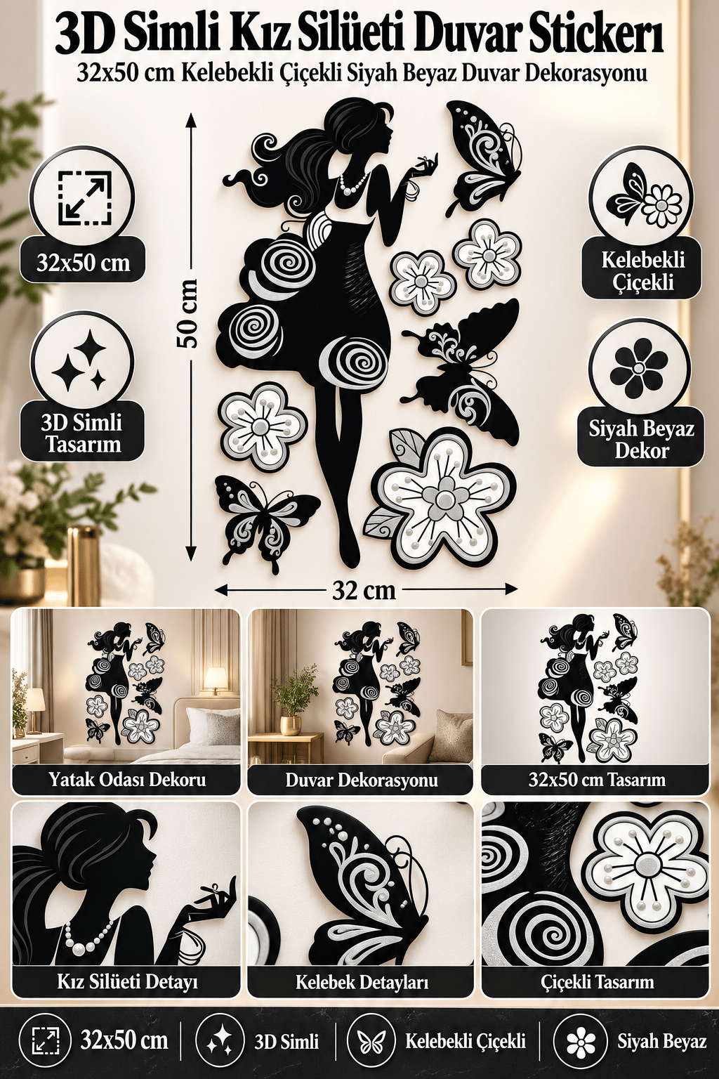 3D Simli Kızlı Kelebekli Duvar Stickerı 32x50 Duvar Dekarasyonu