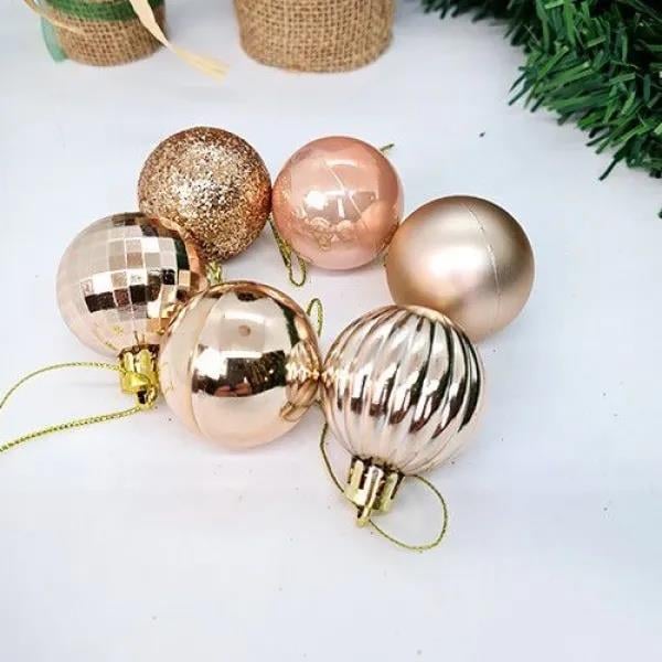4 cm - Yılbaşı Lüks Top Süs Seti 24 Adet Rose Gold Simli-Parlak-Mat-Disco-Çizgili Asetatlı Kutu