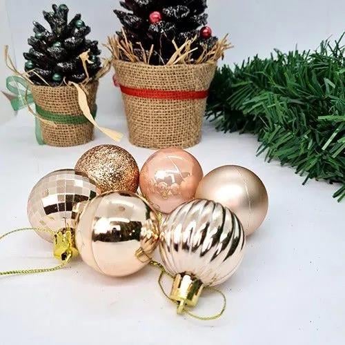 4 cm - Yılbaşı Lüks Top Süs Seti 24 Adet Rose Gold Simli-Parlak-Mat-Disco-Çizgili Asetatlı Kutu