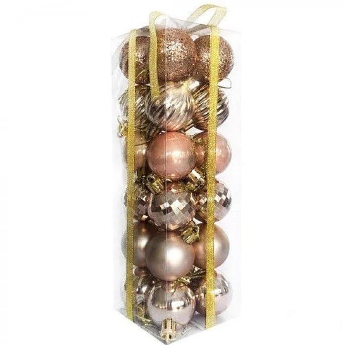 4 cm - Yılbaşı Lüks Top Süs Seti 24 Adet Rose Gold Simli-Parlak-Mat-Disco-Çizgili Asetatlı Kutu