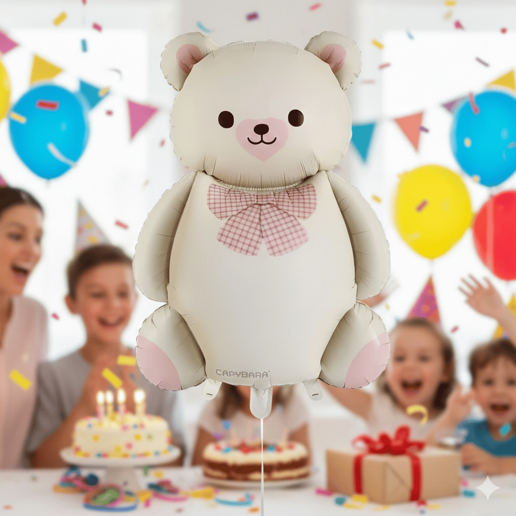 56,5x90 cm Papyonlu Ayıcık Krem Folyo Balon - Doğum Günü Parti Dekorasyon Balonu