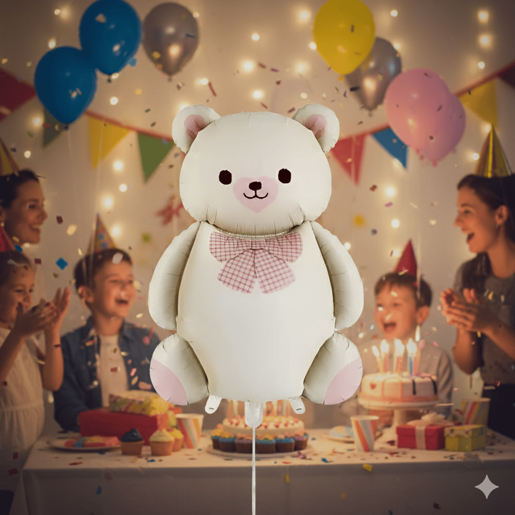 56,5x90 cm Papyonlu Ayıcık Krem Folyo Balon - Doğum Günü Parti Dekorasyon Balonu