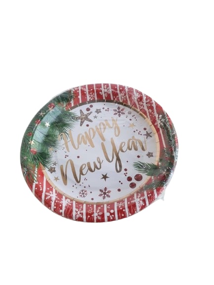 6'lı Paket Yılbaşı Temalı Lüks Kalın Karton Tabak - Happy New Year Gold Varaklı - Yılbaşı Sofrası Servis Tabağı
