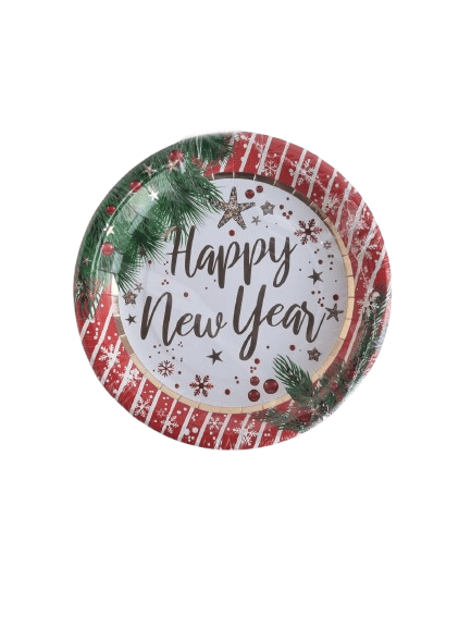 6'lı Paket Yılbaşı Temalı Lüks Kalın Karton Tabak - Happy New Year Gold Varaklı - Yılbaşı Sofrası Servis Tabağı