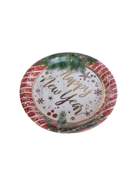 6'lı Paket Yılbaşı Temalı Lüks Kalın Karton Tabak - Happy New Year Gold Varaklı - Yılbaşı Sofrası Servis Tabağı