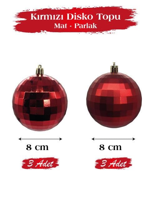 8 cm – Kırmızı Mat Parlak Yılbaşı Top Süs Disko Topu 6 Adet Dekoratif Ağaç ve Parti Süsü
