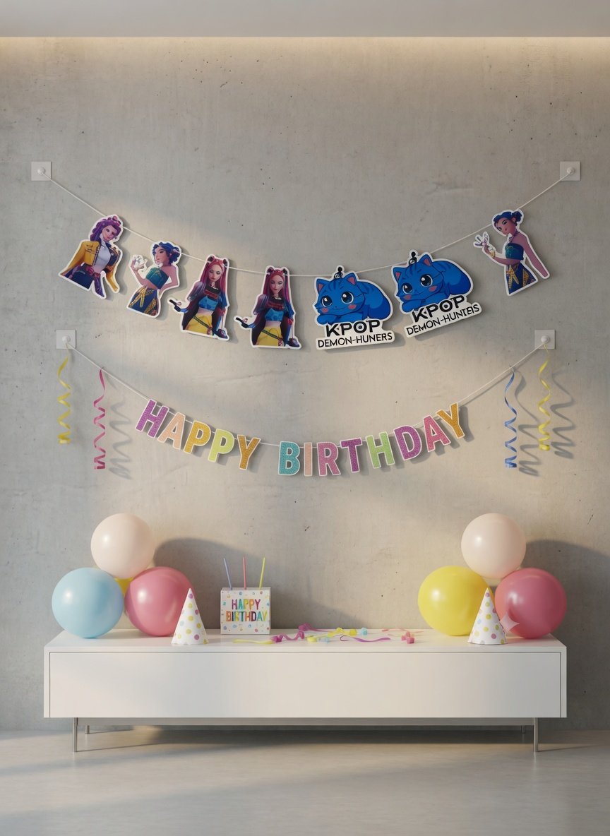8'li Paket Lisanslı K-pop Huntrix Demon Hunters İblis Avcıları Temalı Dekoratif Banner (Her Biri 15x150 cm) - Parti ve Duvar Süsü Seti