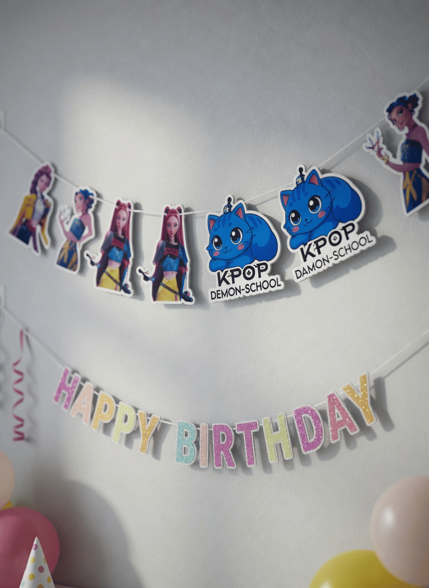 8'li Paket Lisanslı K-pop Huntrix Demon Hunters İblis Avcıları Temalı Dekoratif Banner (Her Biri 15x150 cm) - Parti ve Duvar Süsü Seti