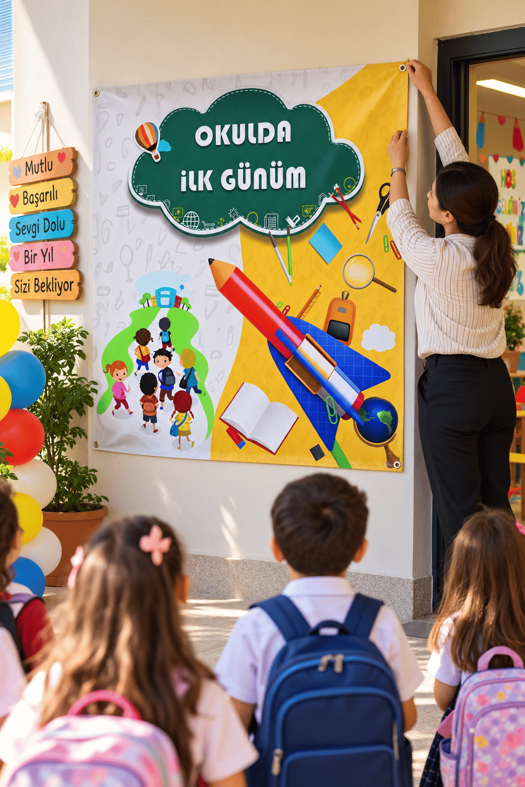Afiş branda Okulda İlk Günüm Büyük Afişi 155*160 cm kuşgözlü