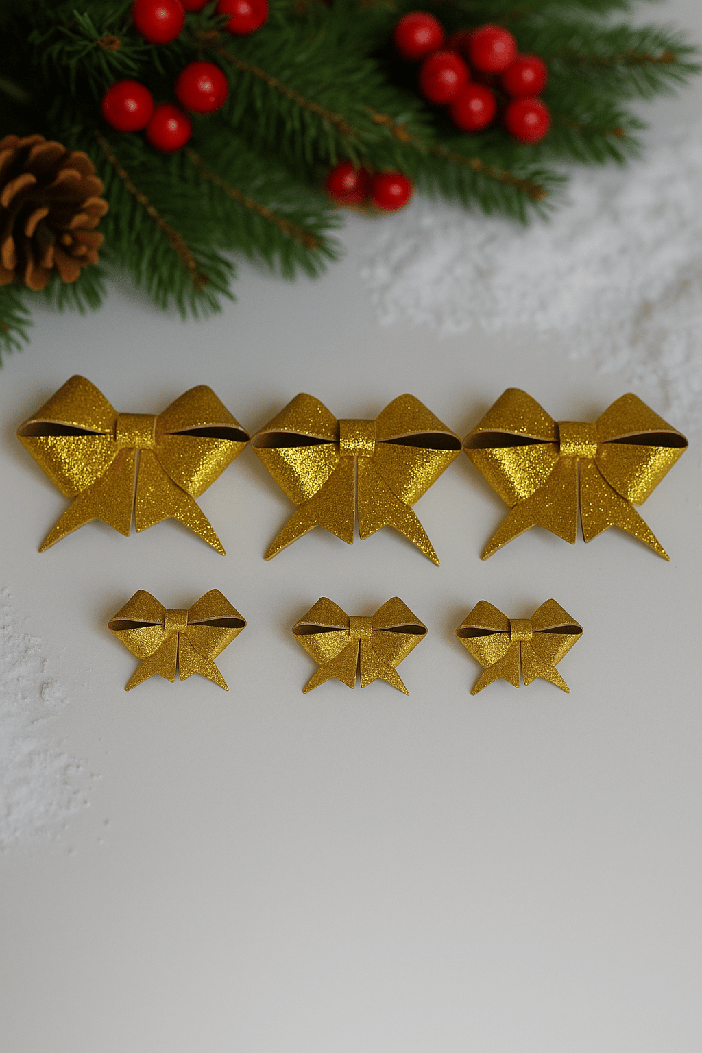 Altın Simli Eva Fiyonk Kurdele – 6'lı Set (3×9 cm + 3×6.5 cm) Yılbaşı Süsleme