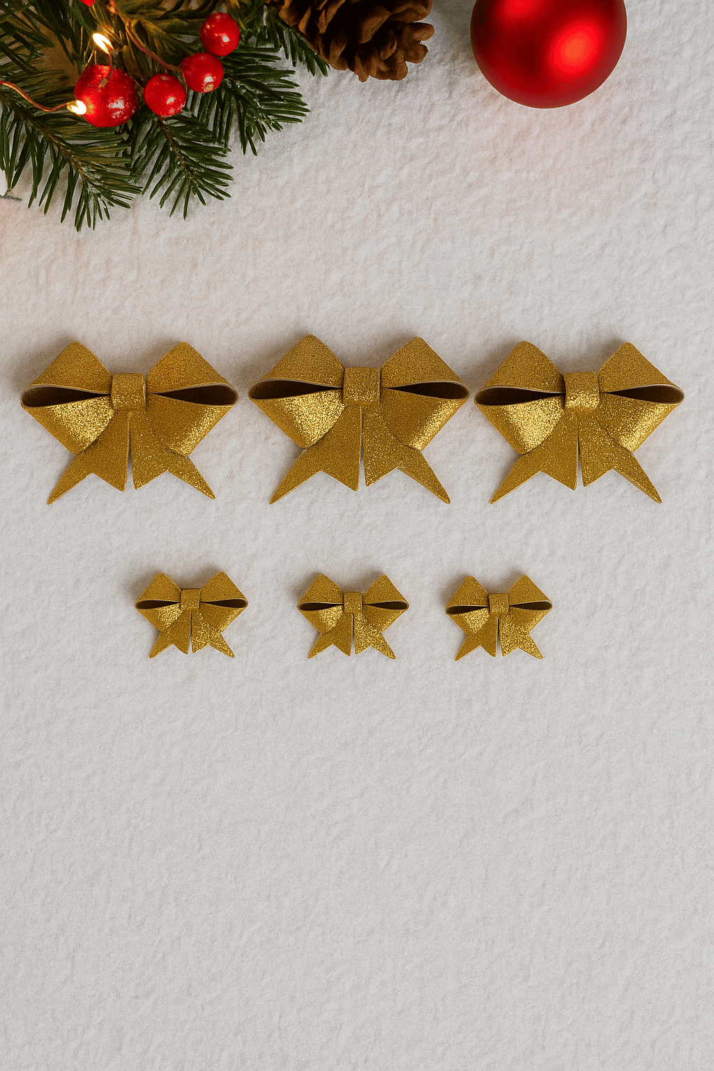Altın Simli Eva Fiyonk Kurdele – 6'lı Set (3×9 cm + 3×6.5 cm) Yılbaşı Süsleme
