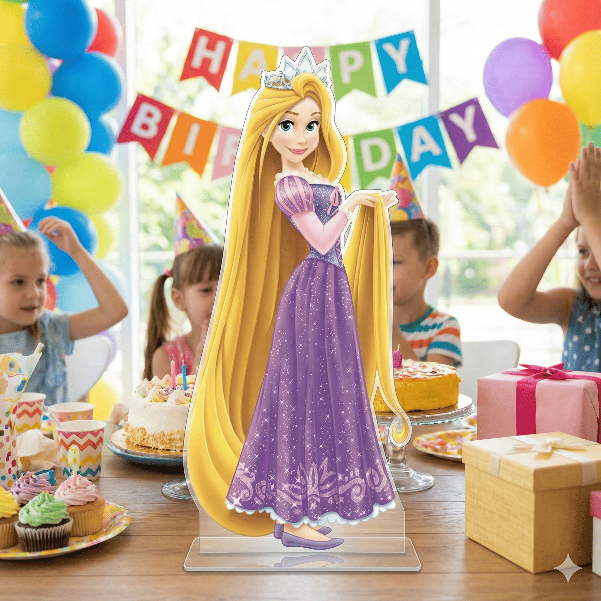 Ayaklı pano RAPUNZEL 49 cm özel ayaklı çift bandlı duvar yada masa için doğum günü panosu
