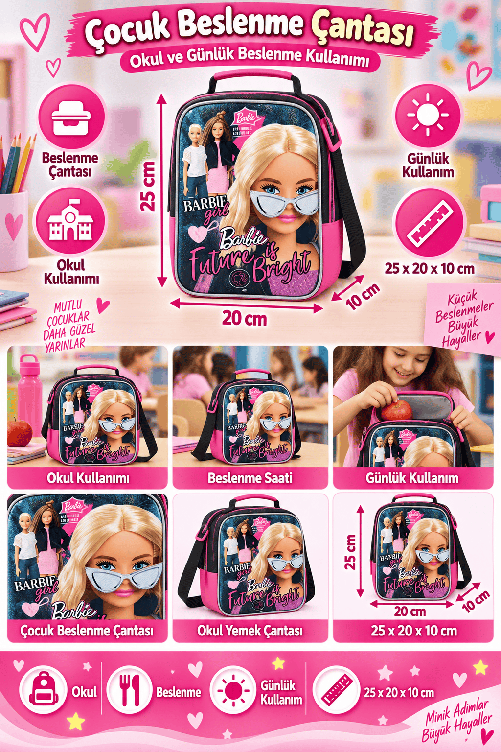 Barbie Beslenme Çantası Çocuk Öğrenci Okul Yemek Çantası Günlük Okul Kullanımı 25x20x10 cm