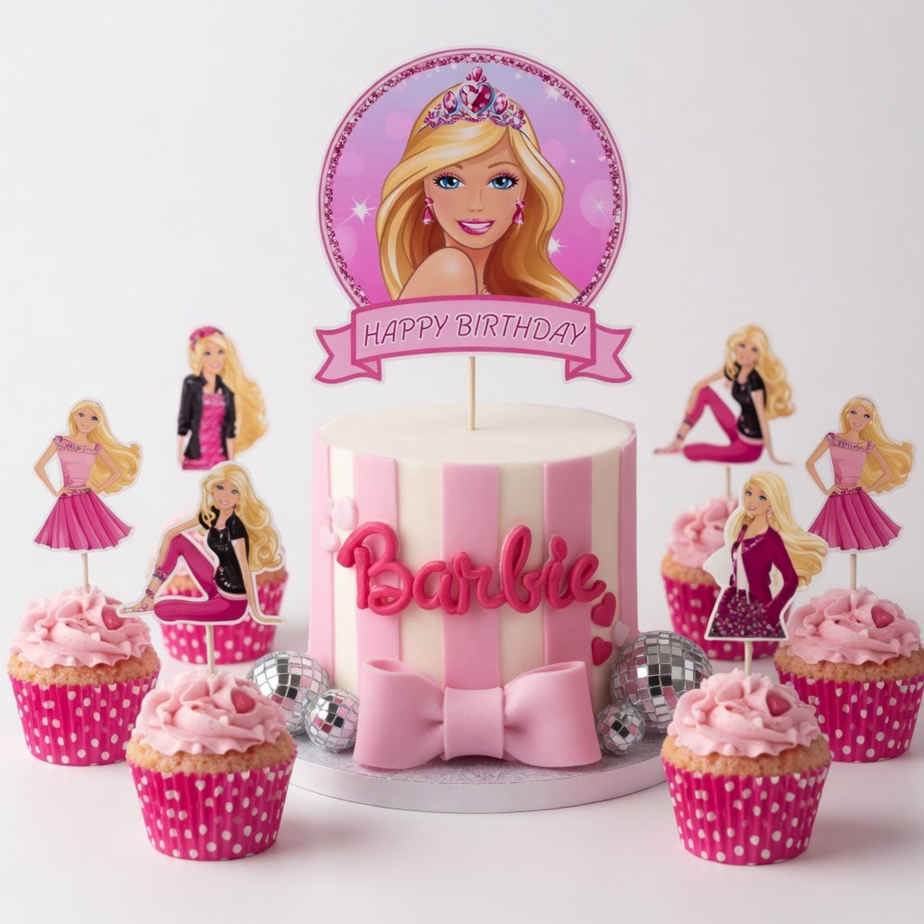 Barbie Cake Topper Set Pasta Kürdanı Kürdan Cupcake Kabı Doğum Günü Parti Süsü