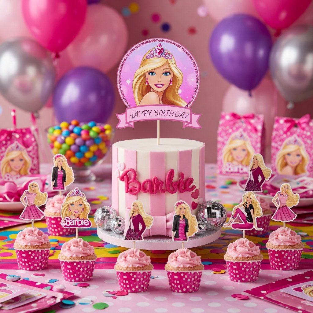 Barbie Cake Topper Set Pasta Kürdanı Kürdan Cupcake Kabı Doğum Günü Parti Süsü
