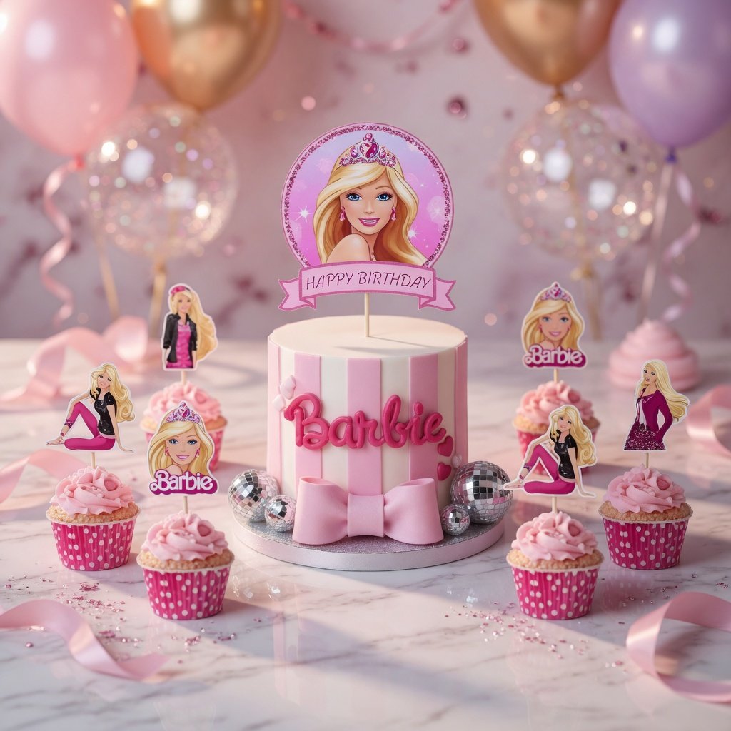 Barbie Cake Topper Set Pasta Kürdanı Kürdan Cupcake Kabı Doğum Günü Parti Süsü