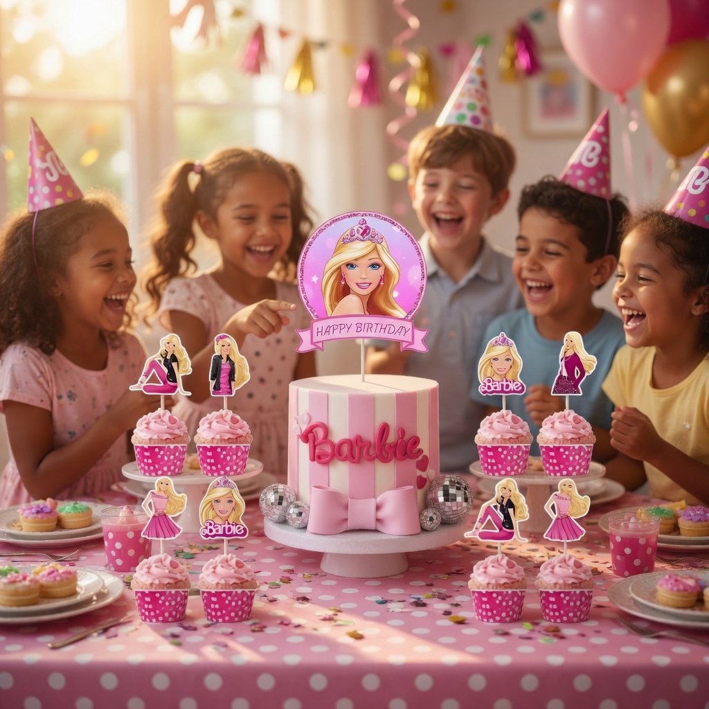 Barbie Cake Topper Set Pasta Kürdanı Kürdan Cupcake Kabı Doğum Günü Parti Süsü