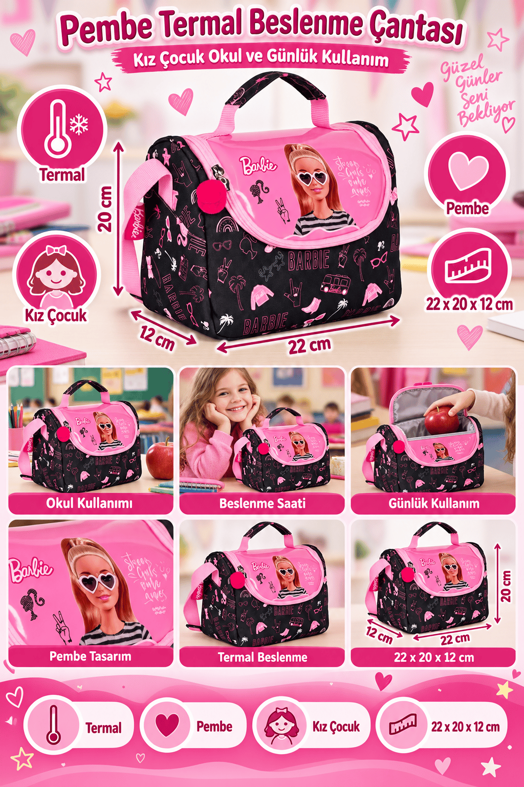 Barbie Kız Çocuk Pembe Termal Beslenme Çantası Okul Yemek Çantası Günlük Kullanım 22x20x12 cm