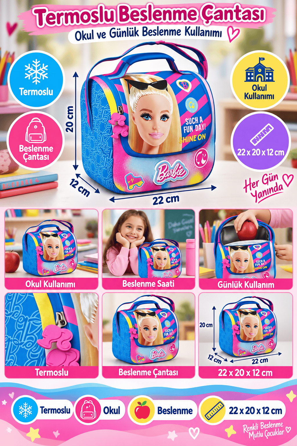 Barbie Termoslu Beslenme Çantası Çocuk Öğrenci Okul Yemek Çantası Günlük Kullanım 30x20x12 cm