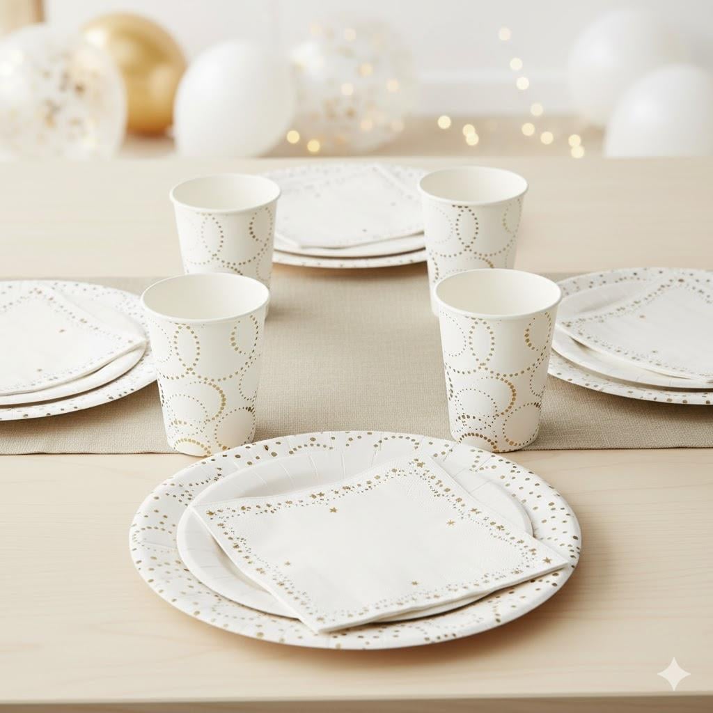 Bardak Elegant Lüks  6lı -BEYAZ-karton noktalı varaklı Parti Bardağı