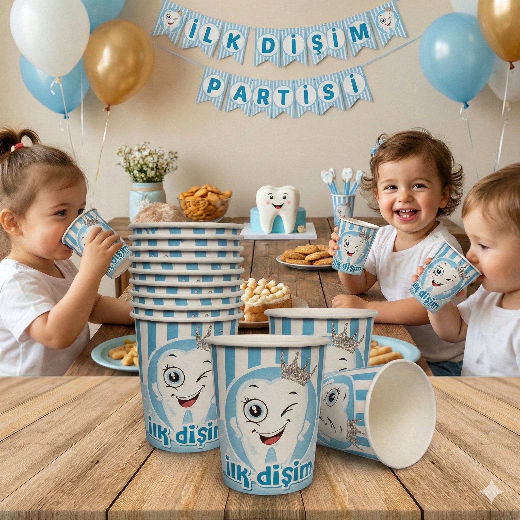 Bardak Karton İlk Dişim Partisi Mavi  8Oz 8li Diş Buğdayı Erkek çocuk Partisi