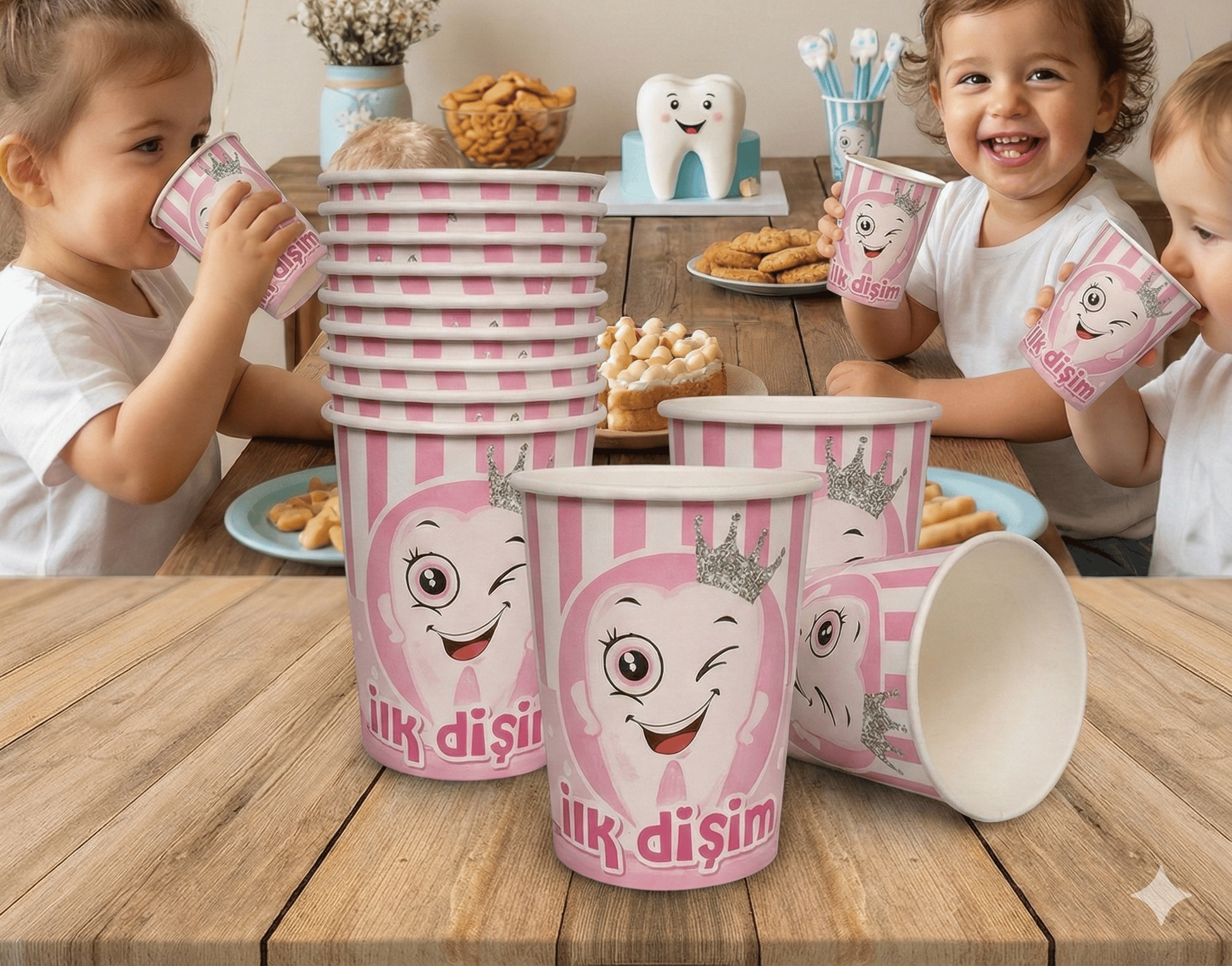 Bardak Karton İLK Dişim  Partisi Pembe 8Oz 8li Diş Buğdayı