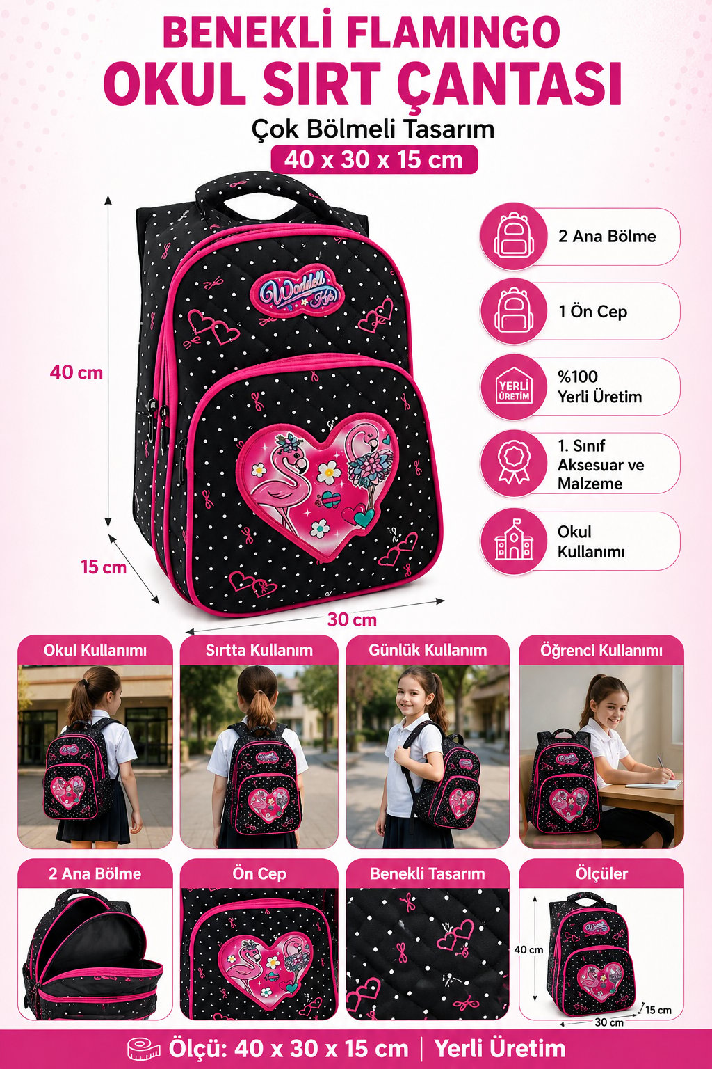 Benekli Okul Çantası Flamingo 5052