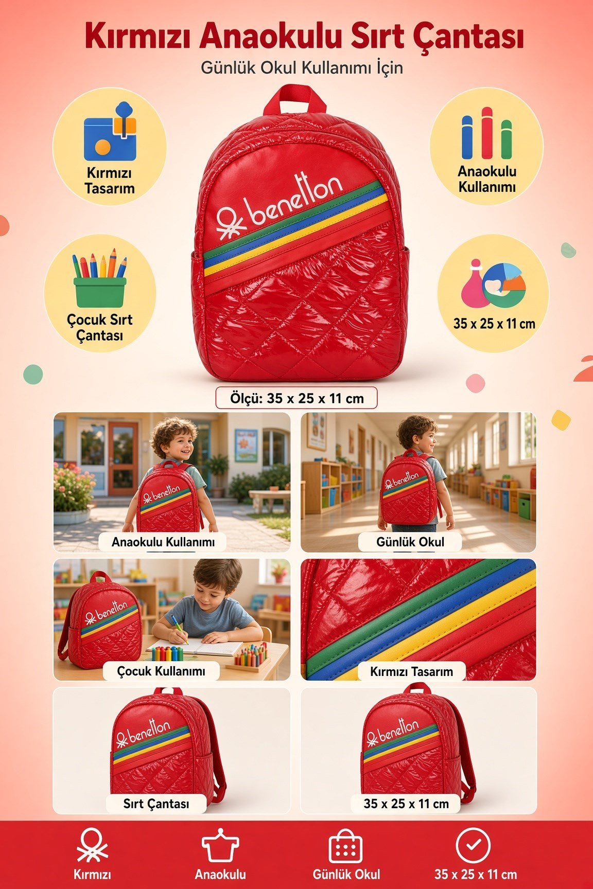Benetton Anaokulu sırt çantası 70241 kırmızı