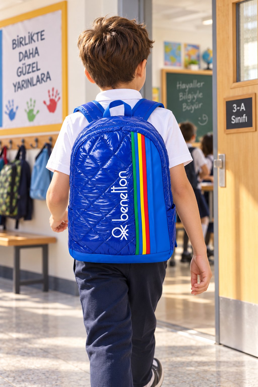 Benetton Saks Mavi İlkokul Çantası Çift Bölmeli Laptop Bölmeli Okul Sırt Çantası 43x30x17 cm