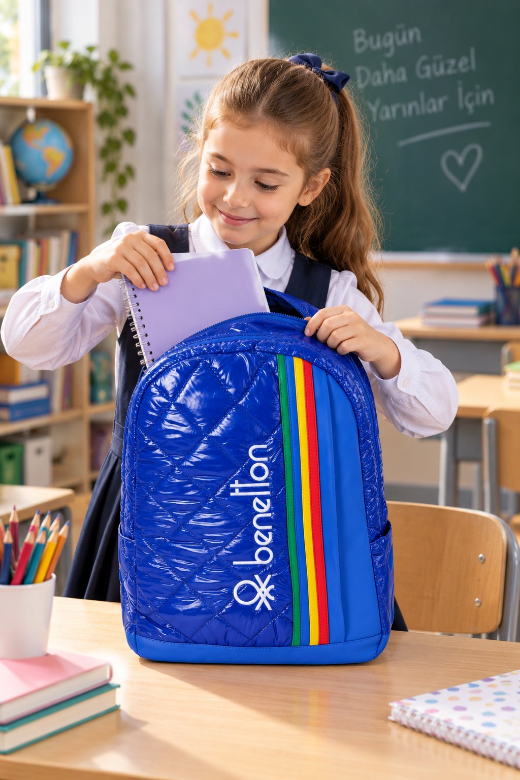 Benetton Saks Mavi İlkokul Çantası Çift Bölmeli Laptop Bölmeli Okul Sırt Çantası 43x30x17 cm