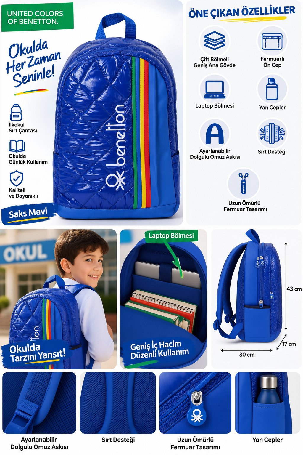 Benetton Saks Mavi İlkokul Çantası Çift Bölmeli Laptop Bölmeli Okul Sırt Çantası 43x30x17 cm