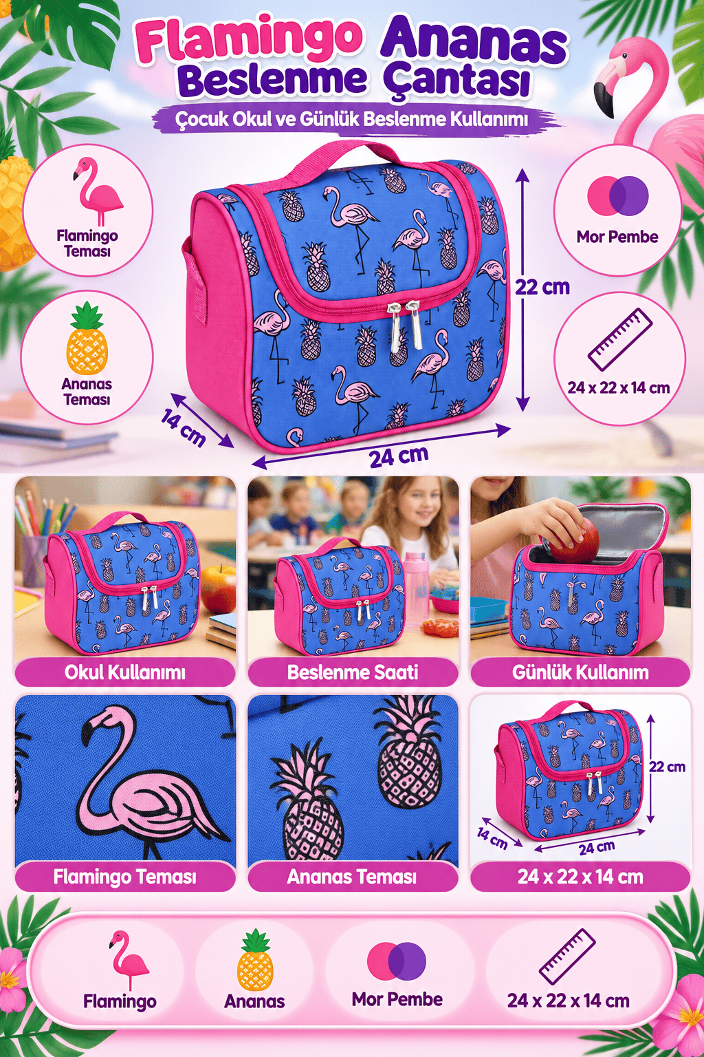 Beslenme çantası mor pem flamingo3325