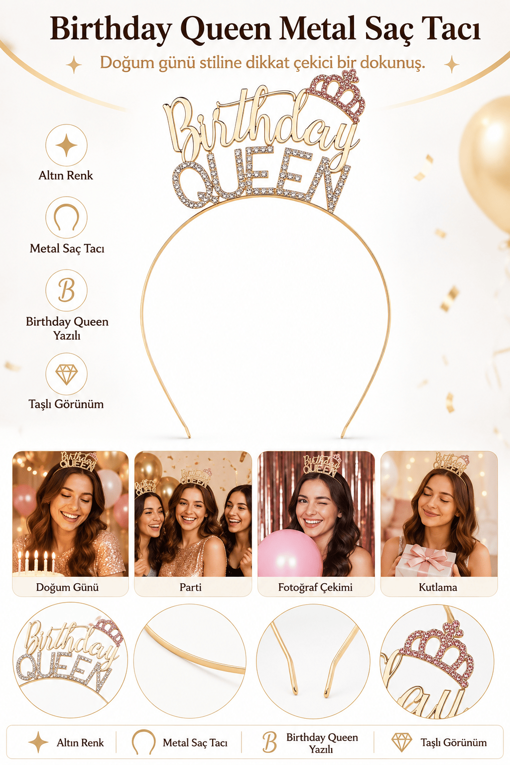 Birthday Queen Metal Saç Tacı Altın Taşlı Görünümlü Doğum Günü Parti ve Fotoğraf Aksesuarı
