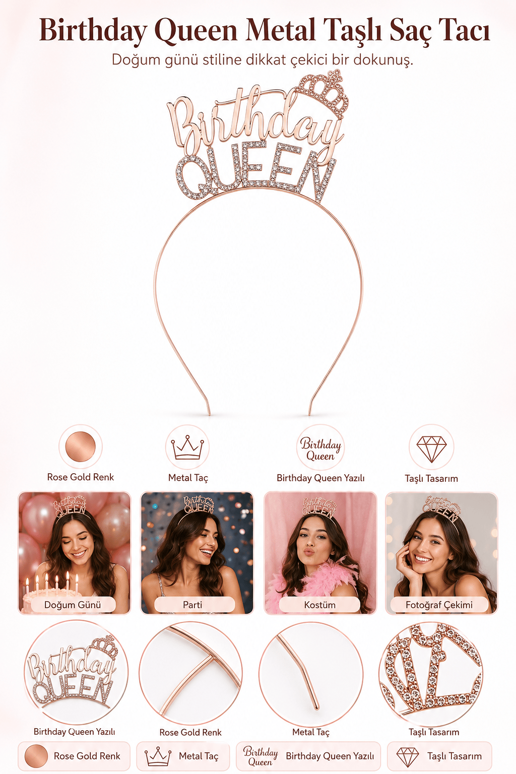 Birthday Queen Metal Taşlı Saç Tacı Rose Gold Doğum Günü Parti Kostüm ve Fotoğraf Aksesuarı