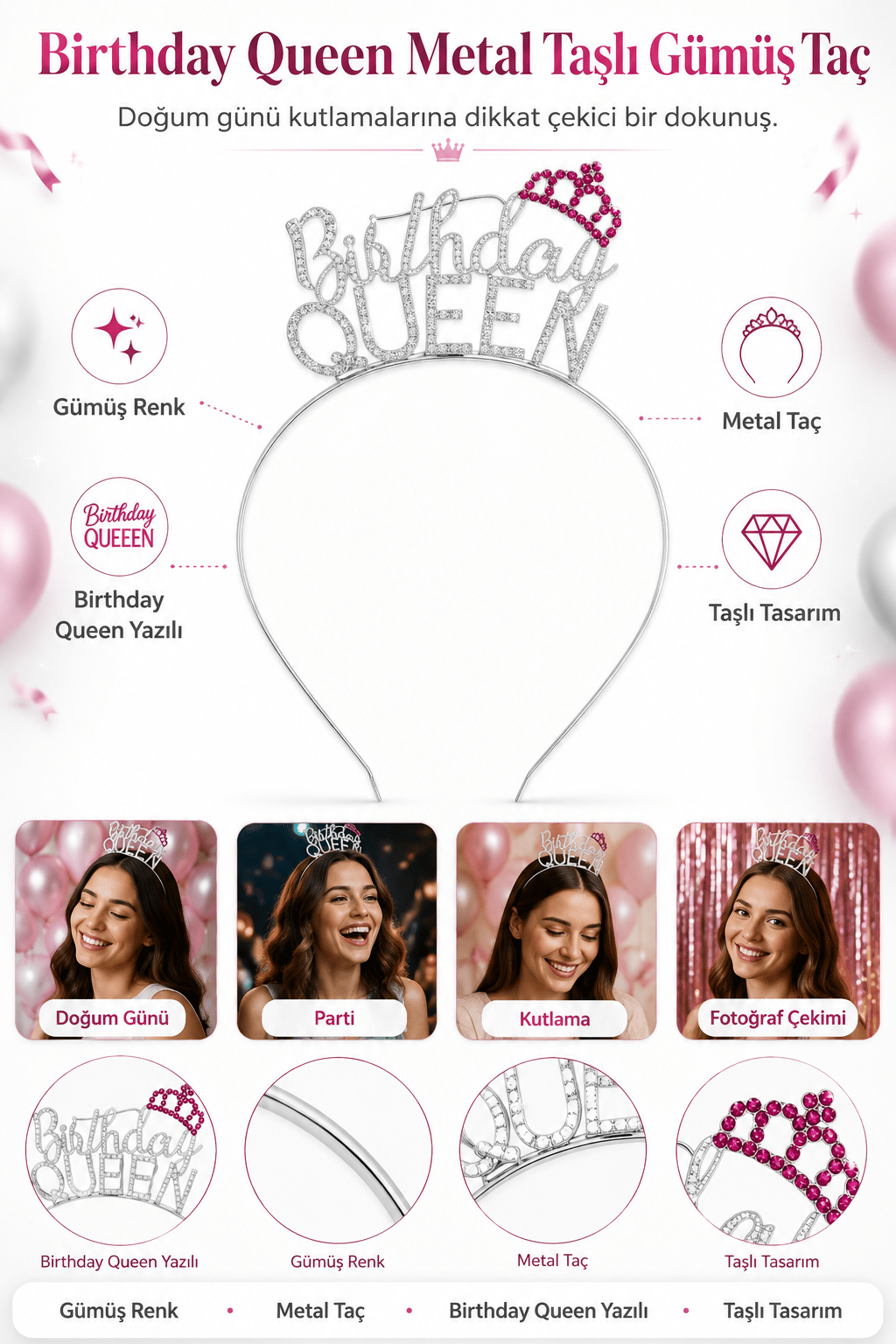 Birthday Queen Taç Metal Taşlı Rose Renk Doğum Günü Parti Tacı Kutlama ve Fotoğraf Aksesuarı