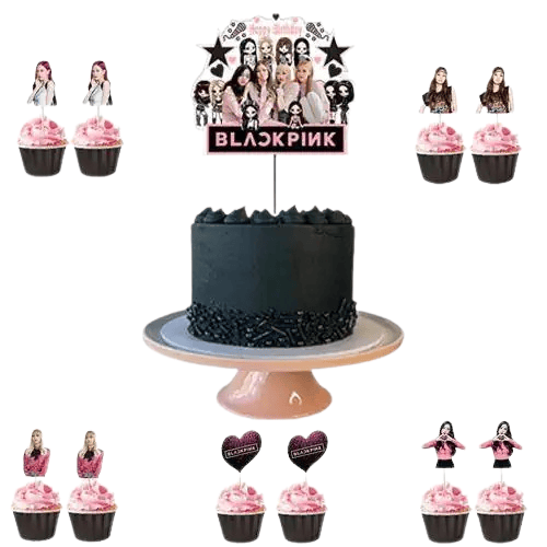 Black Pink cake topper set pasta seti 20 kürdan 25 kek kalıbı 1 pasta üstü büyük doğum günü pasta süsü