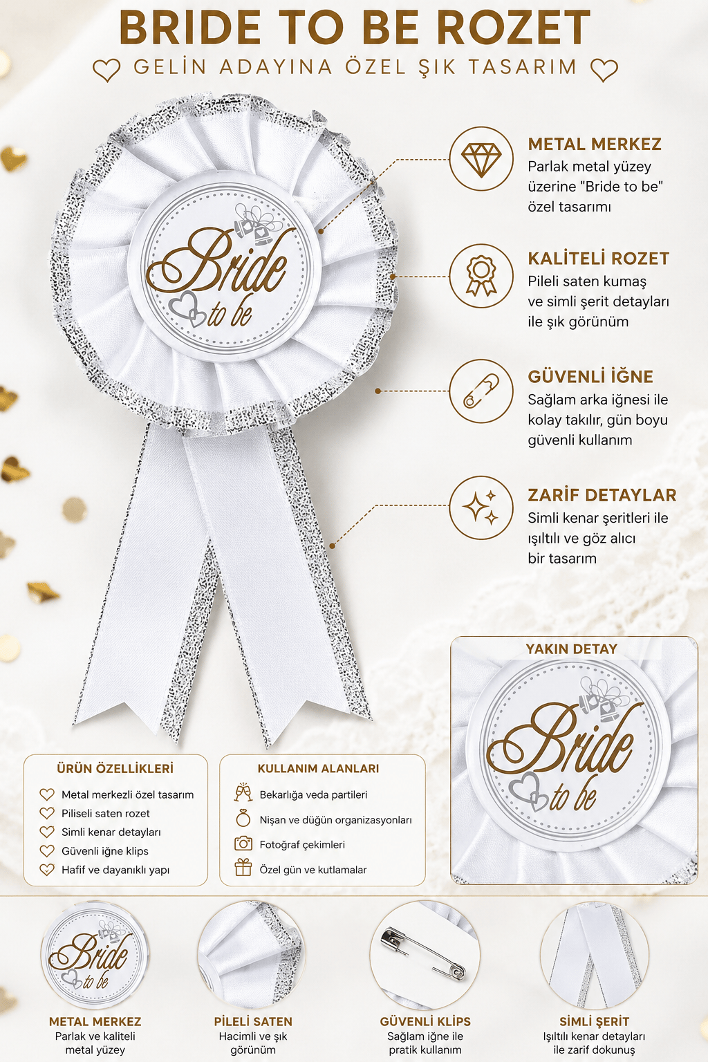 Bride Yaka Kokartı ortası metal rozet bride to be
