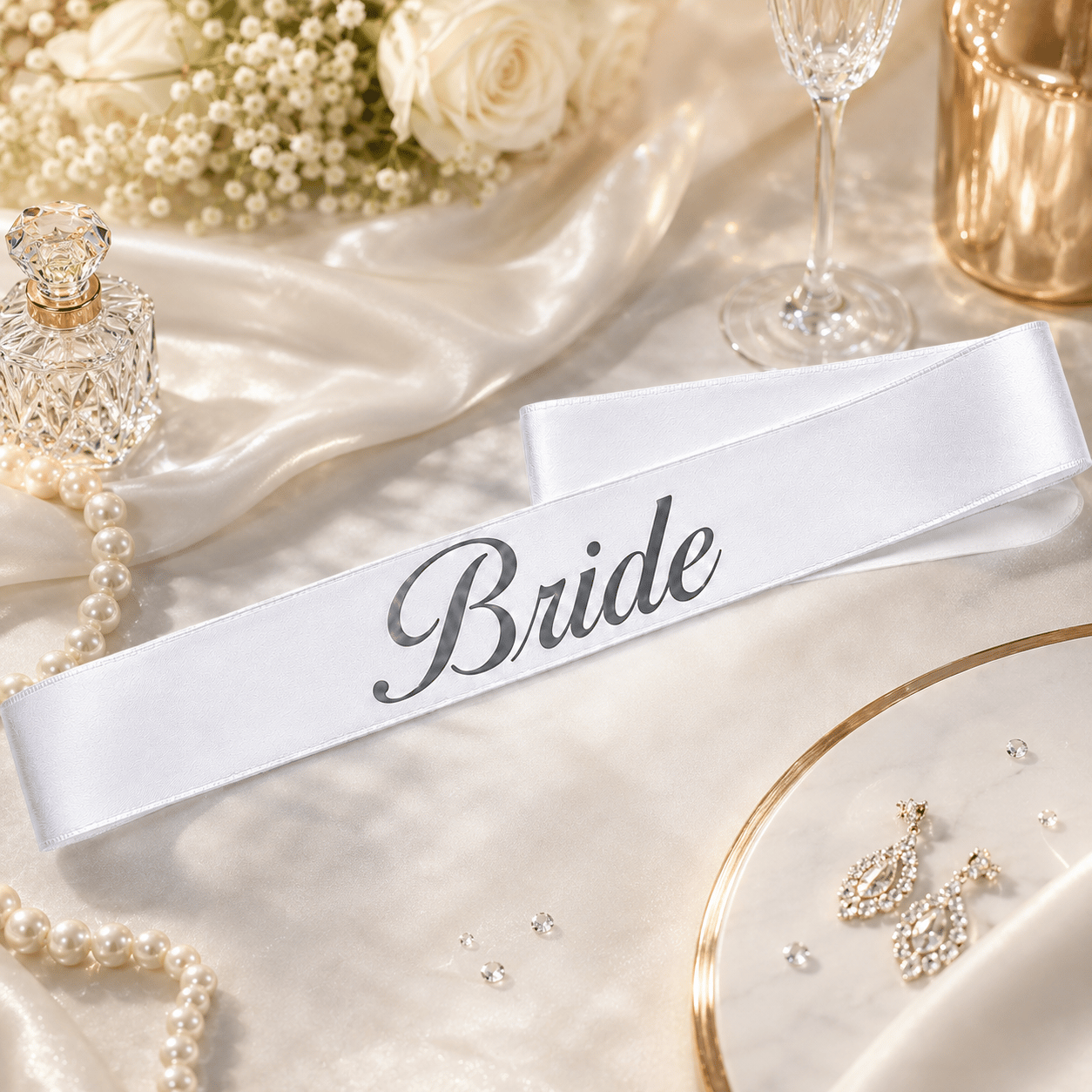 Bride yazılı Kuşak Beyaz üstü gümüş yaldızlı