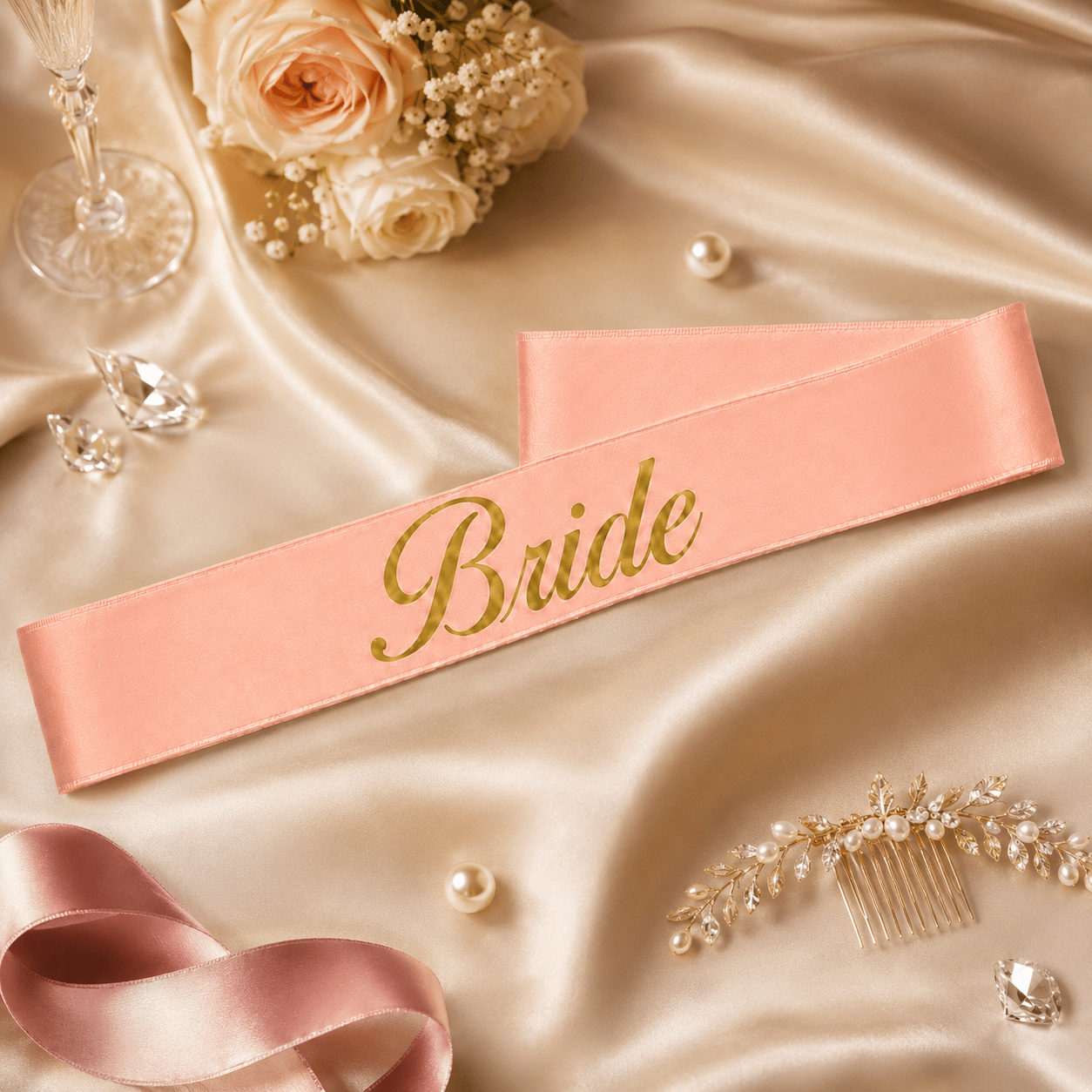 Bride yazılı Kuşak Somon üstü Altın yaldızlı