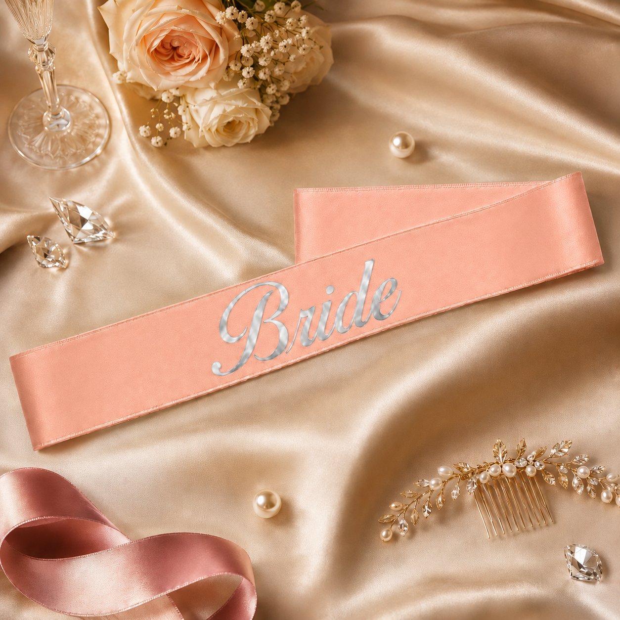 Bride Yazılı Somon Gümüş Yaldızlı Gelin Kuşağı Bekarlığa Veda Parti Süsü