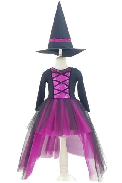 Cadılar Bayramı Halloween Fuşya-Siyah Şapkalı Cadı Kız Çocuk Kostümü