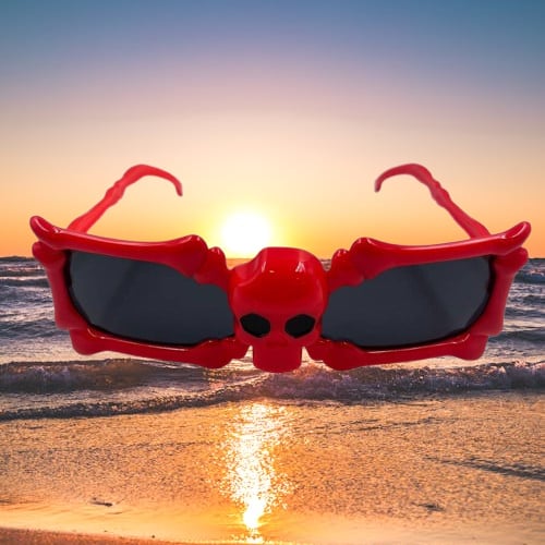 Cadılar Bayramı Halloween İskelet Kemik ve Kuru Kafa Temalı Kırmızı Parti Gözlüğü Korku Gözlüğü