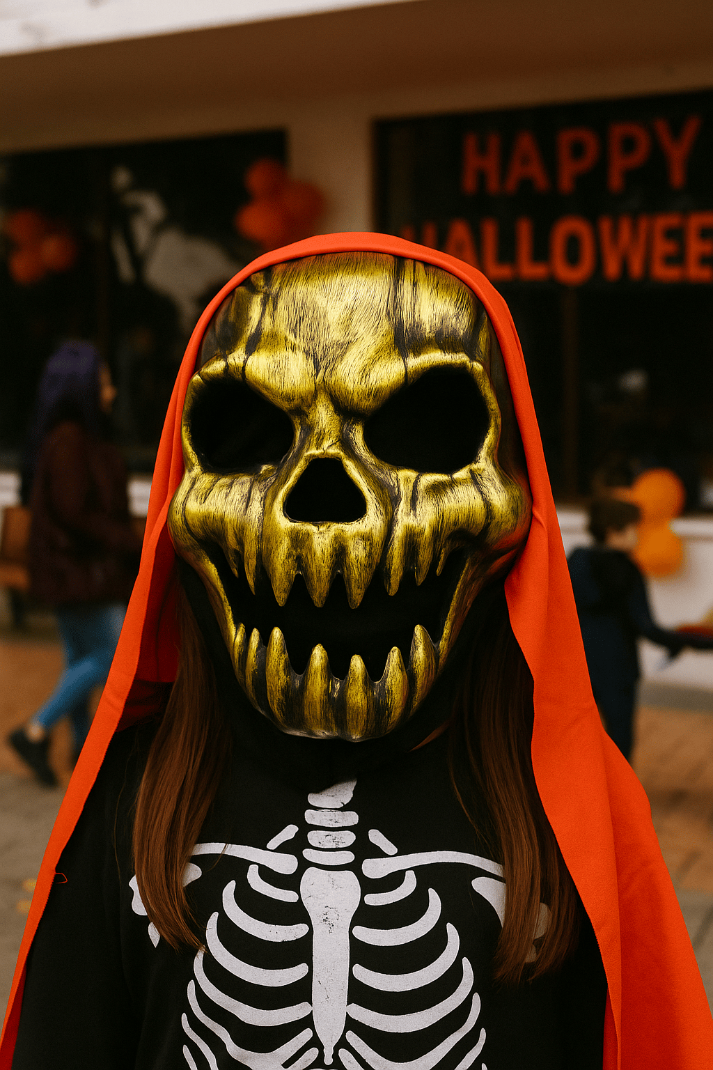 Cadılar Bayramı Halloween Maske Plastik İskelet Altın rengi arkası tüllü Korku Maskesi