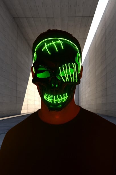 Cadılar Bayramı Halloween Maskesi Pilli Neon Yeşil Işıklı Kurukafa İskelet Korku Maskesi