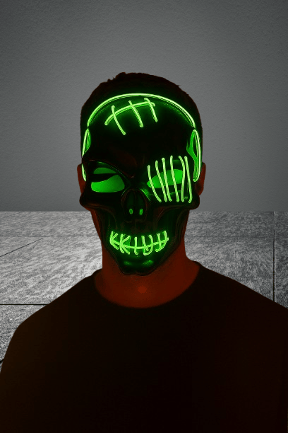 Cadılar Bayramı Halloween Maskesi Pilli Neon Yeşil Işıklı Kurukafa İskelet Korku Maskesi
