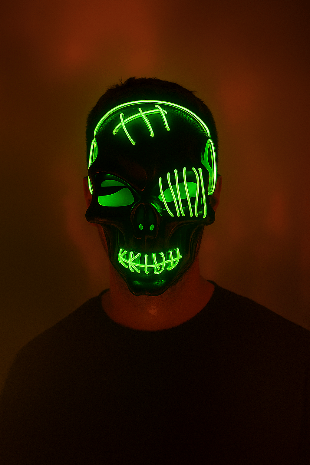 Cadılar Bayramı Halloween Maskesi Pilli Neon Yeşil Işıklı Kurukafa İskelet Korku Maskesi